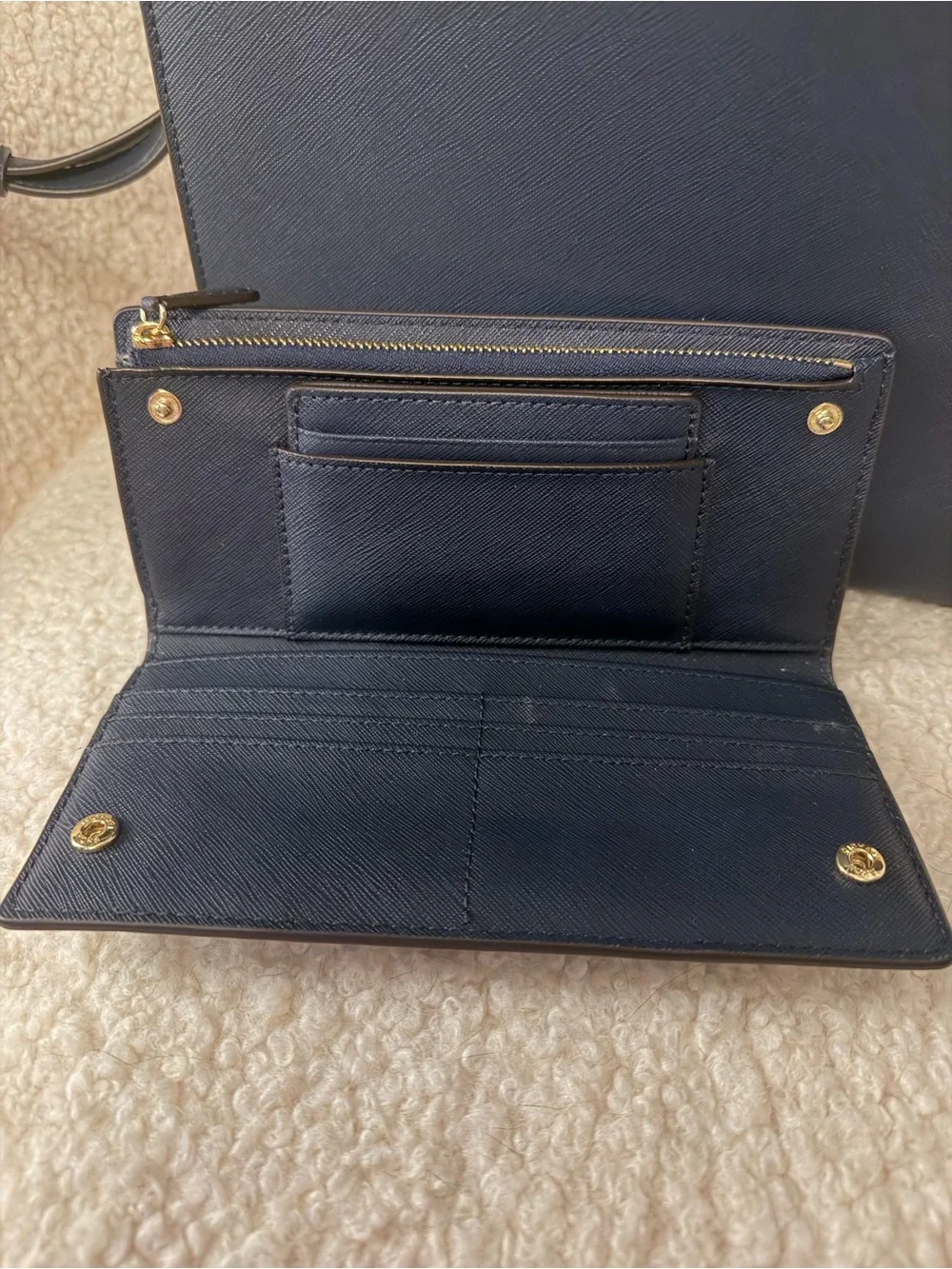 Michael Kors Navy Saffiano Leather Karla Satchel & Jet Set Travel Wallet Set ✨